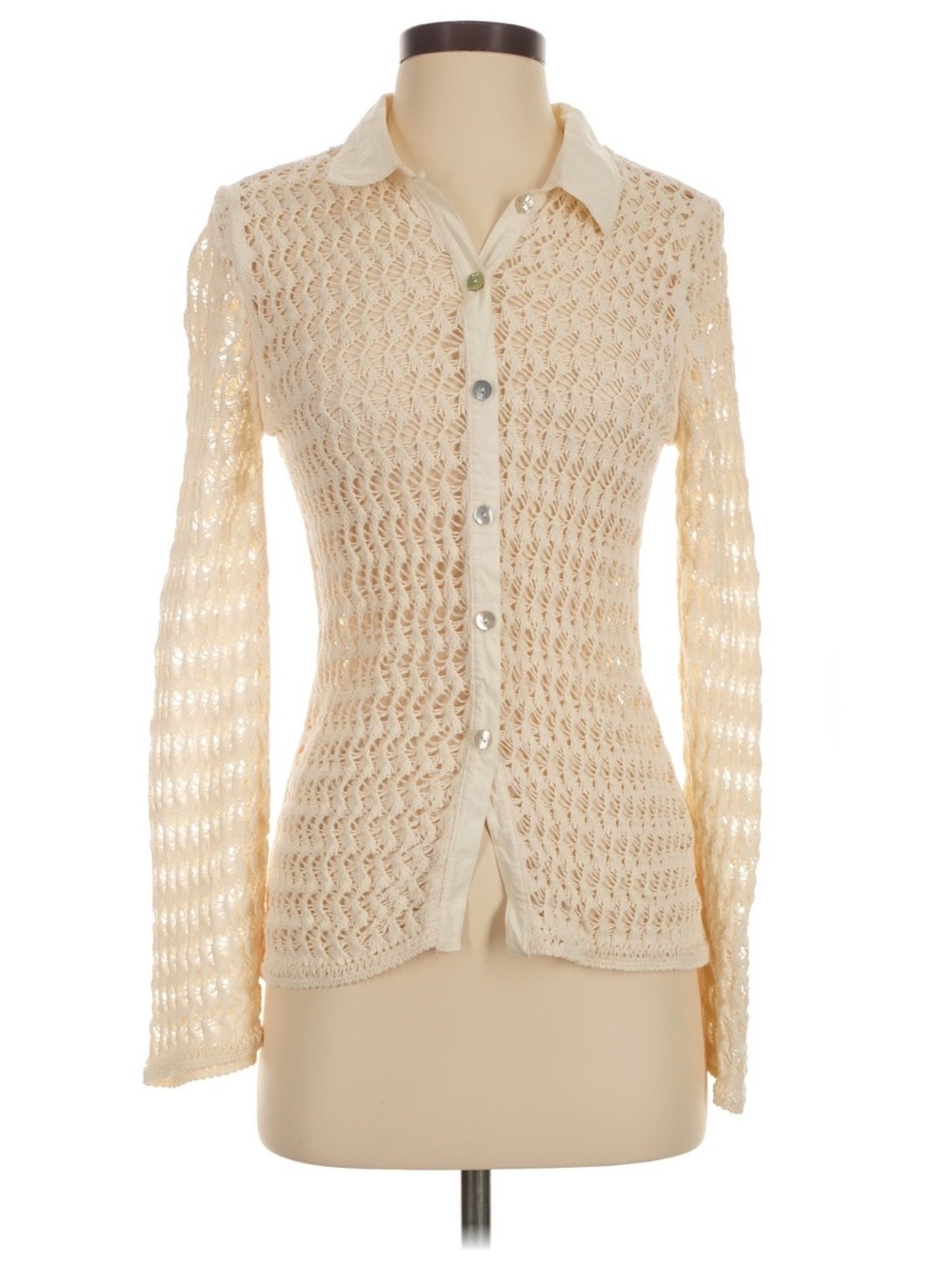 Zara Cream Open-Knit Button-Down Long Sleeve